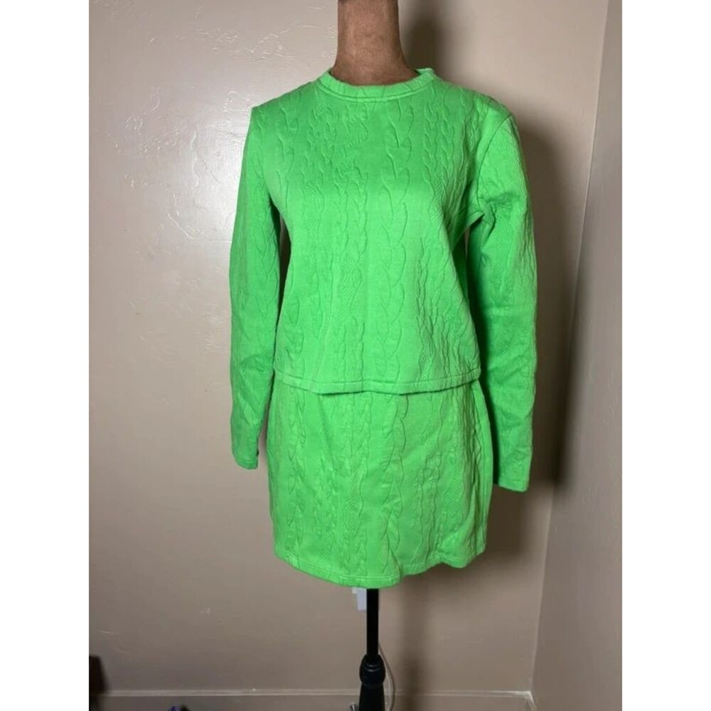 Zara bright green cable texture sweater and skirt set small